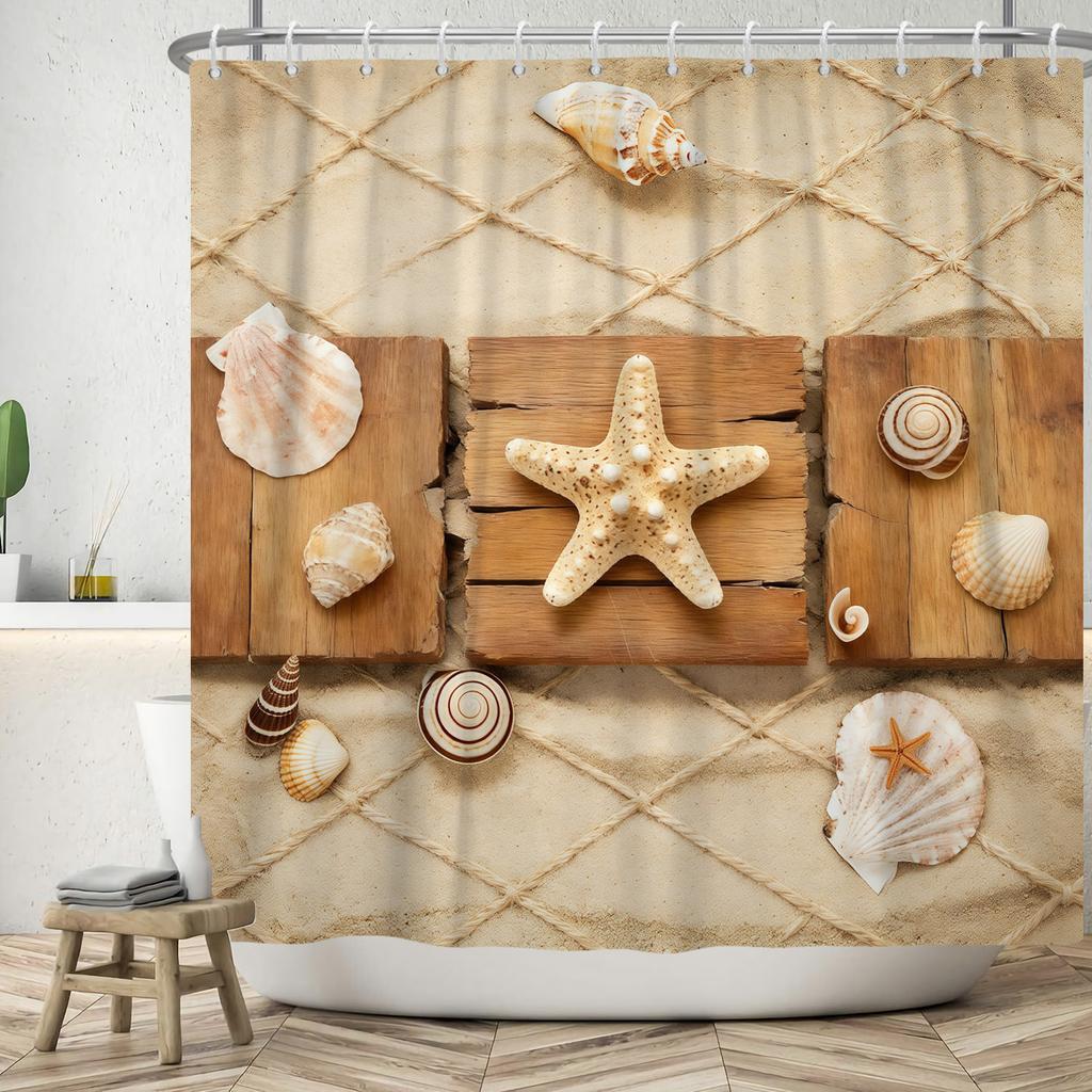 Nautical Theme Shower Curtain With Hooks Sailboat Anchor Seashells Starfish Waves Watercolour Art Modern Bathroom Curtain Decor