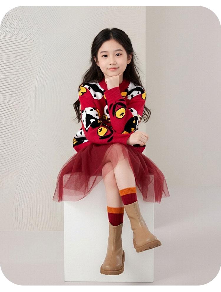 Children's New Year's Red Sweater with Panda Pattern