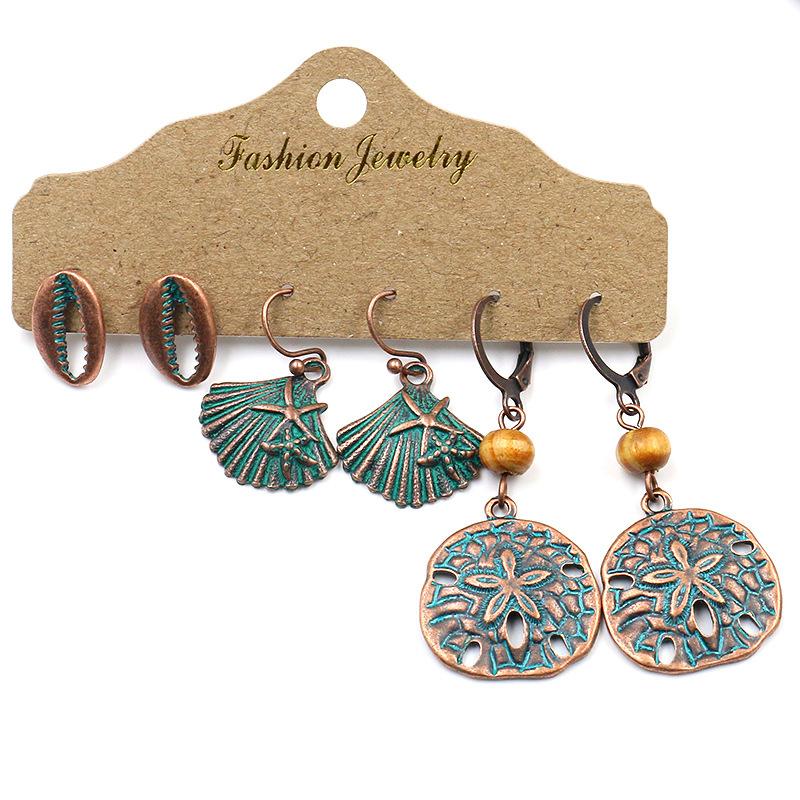 

3Pcs/Set Ethnic Vintage Antique Copper Color Earrings For Women Drop Dangle Fashion Shell Flower Leaf Feather Shape Zircon