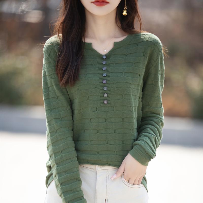 Autumn Winter Women Cotton Sweater V-neck Half Open Buckle Pullover Square Pit Sweater Slim Knitted Warm Bottoming Tops