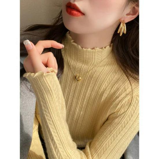 Women's Half Turtleneck Knit Sweater - White, Wood Ear Edge Design, Spring/Fall/Winter