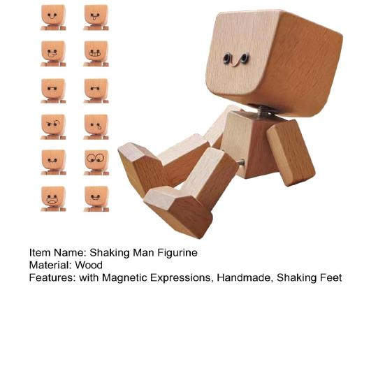 1/2 Sets Shaking Wooden Man Figurine with 12 Magnetic Expressions Handmade Shaking Feet Wooden Doll Car Dashboard Desktop Decoration