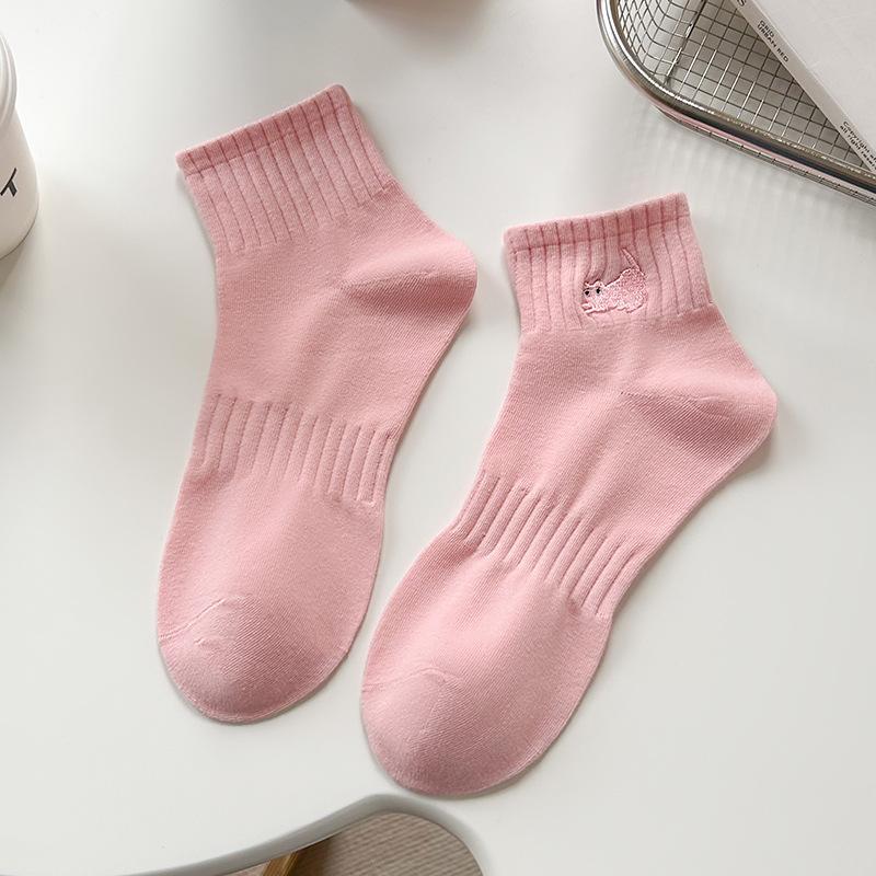 Summer Thin Combed Cotton Socks for Women, Cartoon Embroidery, Sweat-absorbing Boneless Socks for Women, Sports Socks