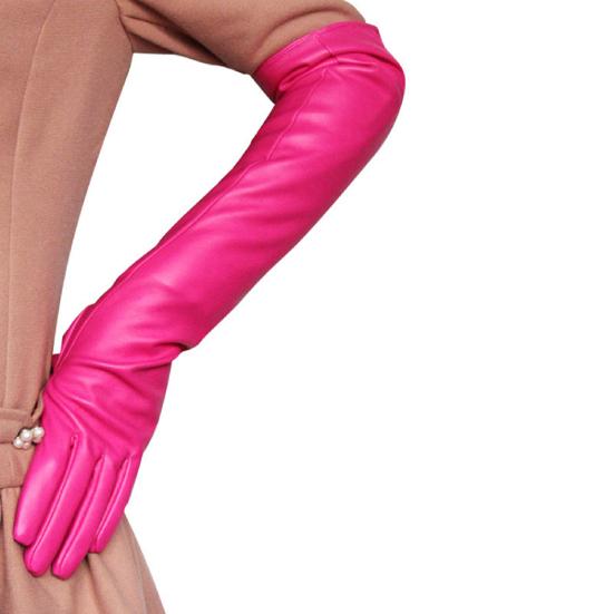 Fashion Lady Solid Color Faux Leather Full Finger Long Arm Gloves Stage Mittens