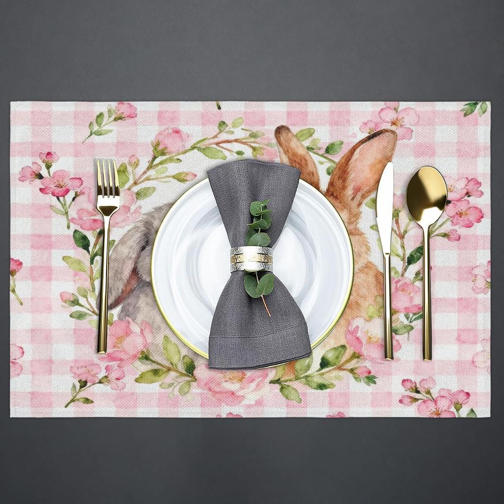 Happy Easter Bunny Flower Placemats Set of 6 - Buffalo Plaid Rabbit Linen Place Mat Washable Non-Slip Table Mats