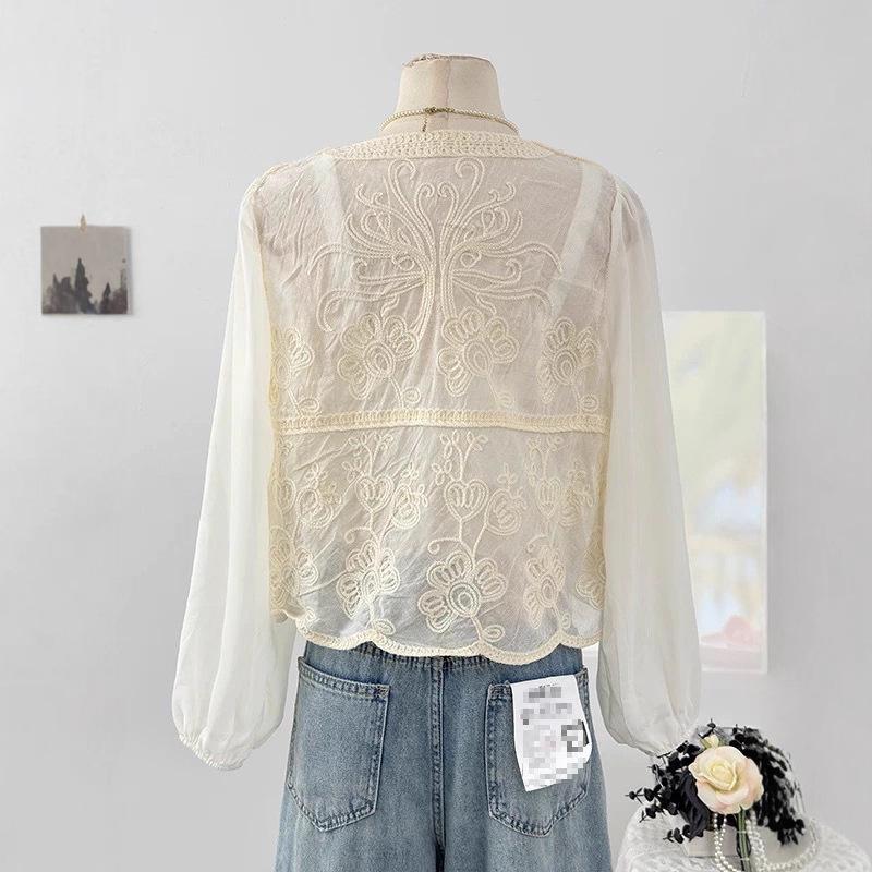 Ethnic Style Hollow Hook-up Splicing Bubble Sleeve Knitted Sweater Summer Thin Round Neck Age-reducing Loose Short Top Women