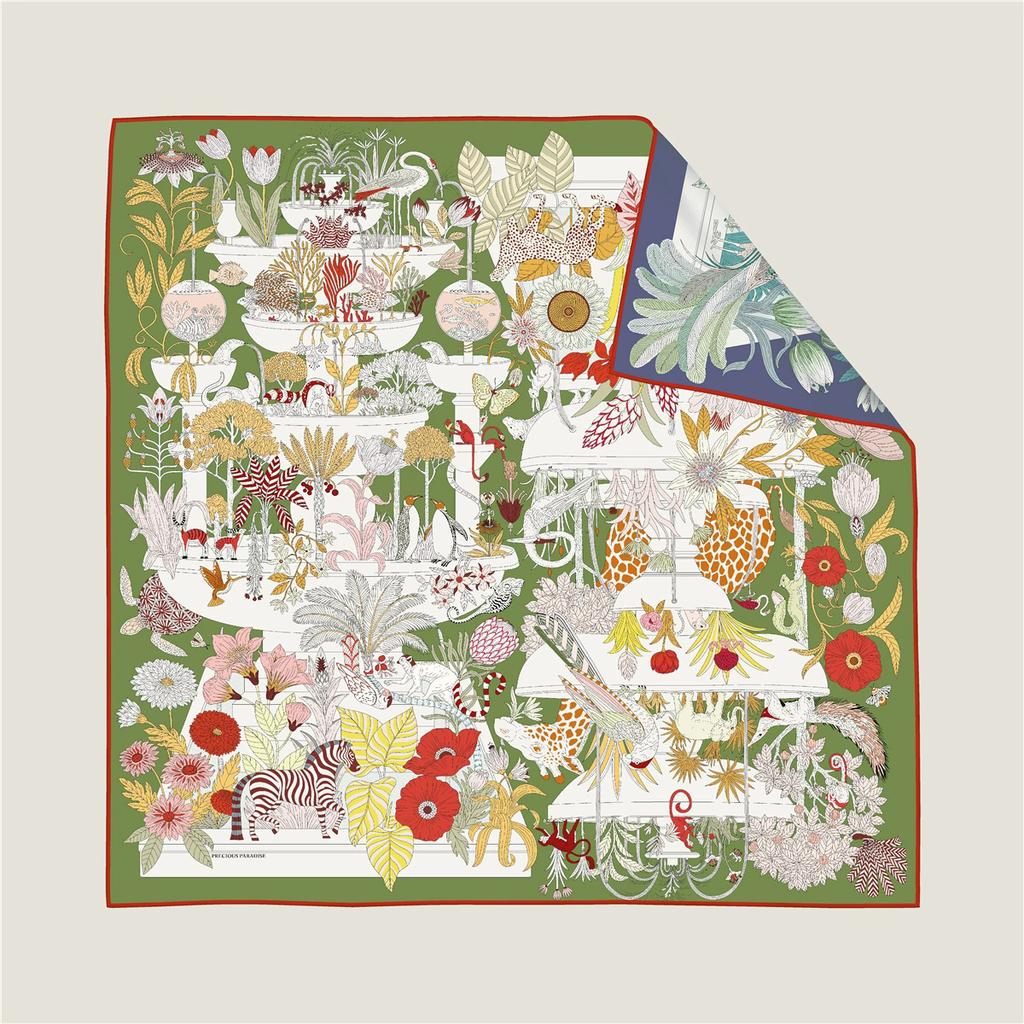 90cm Hand Rolled Twill Silk Scarf Women Cake Pan Animals Double Print Square Scarves Wraps Echarpes Foulards Femme Hijab