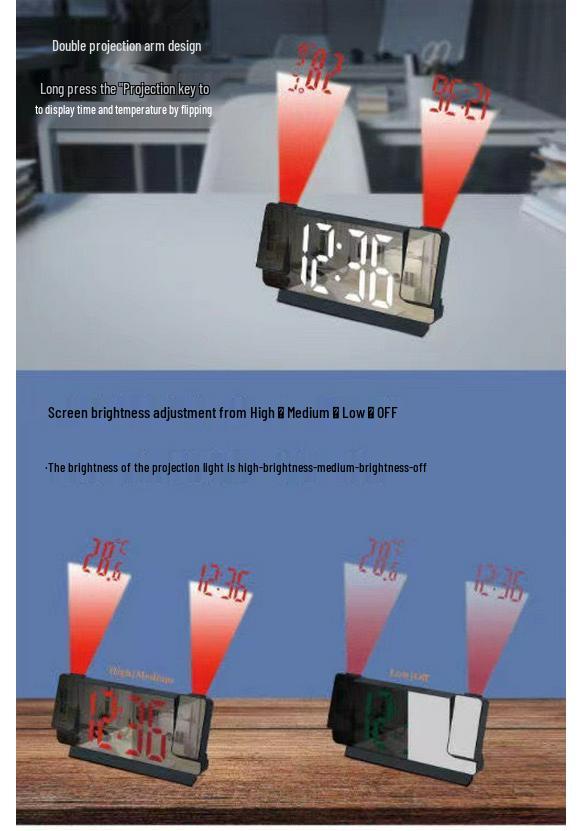 Large Screen LED Digital Wall Clock with Alarm, Temperature Display, and Night Light Mirror Projection