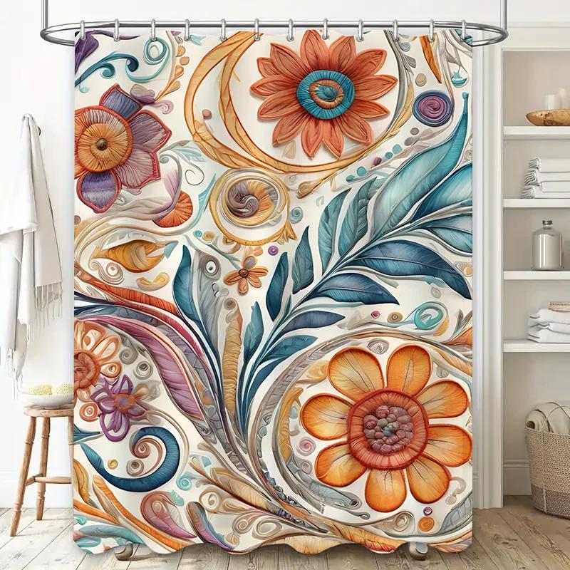 סט וילון מקלחת פרחוני צבעוני מודפס פוליאסטר עמיד במים קישוט אמבטיה לבית סלון 72 x 84 אינץ' כולל ווים