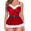 Lencería Sexy Roja Navideña Pijama de Cuello en V con Lazo Camisón para Mujer con Tanga