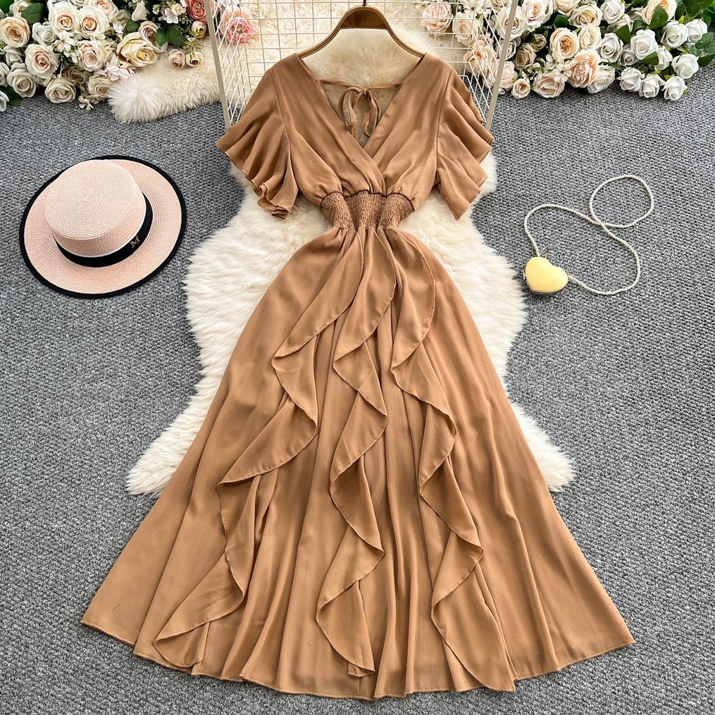 French temperament lace-up V-neck short-sleeved dress for women's summer elastic waist and thin big pendulum ruffle edge long skirt