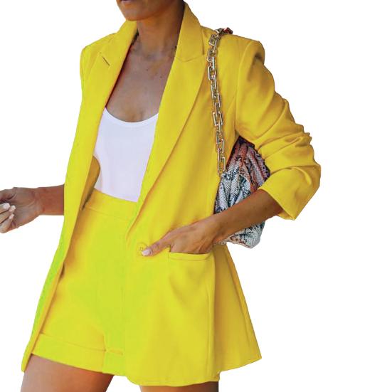 2Pcs/Set Ladies Suit Solid Color Lapel Neck Cardigan Blazer Summer Jacket Shorts Suit Commuter Clothes Streetwear