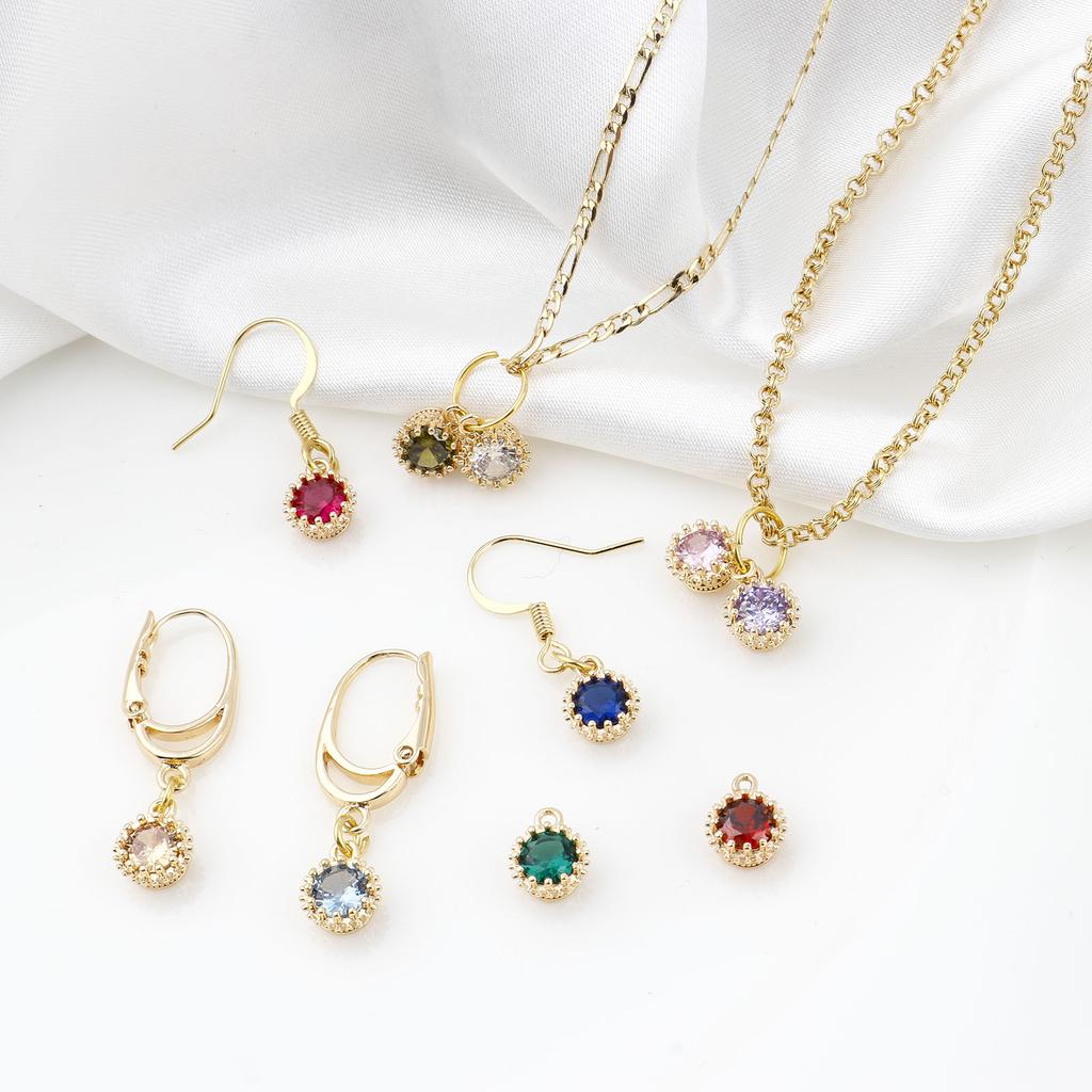 2 Piece Copper Birthstone Charms Round Multicolor Cubic Zirconia Gold Color Metal Pendants DIY Making Earrings Jewelry 9mm x 7mm