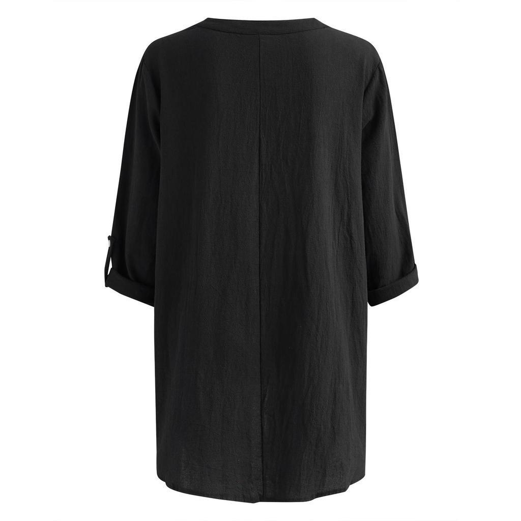 Women's European & American V-Neck Cotton-Linen Long Sleeve Button-Down Shirt - Autumn/Winter