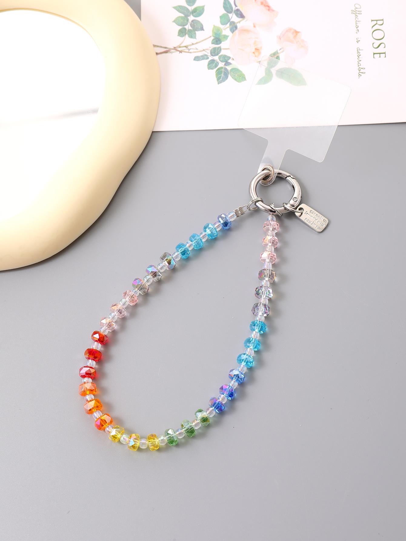 Dopamine Rainbow Crystal Crossbody Chain, Niche Lnstagram Wrist Style Mobile Phone Pendant With A Transparent Card Other