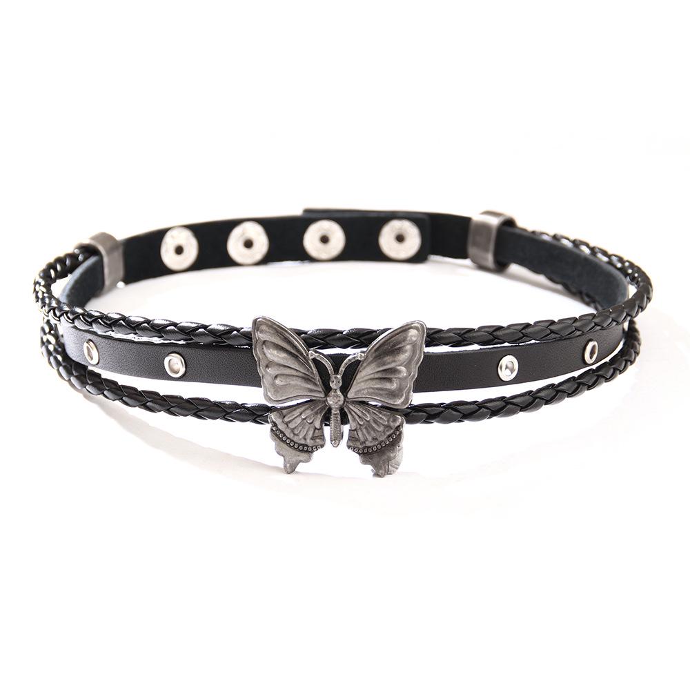 Retro Butterfly Necklace: European-American Style PU Leather Choker with Rivet Details, Dark Punk Fashion for Women