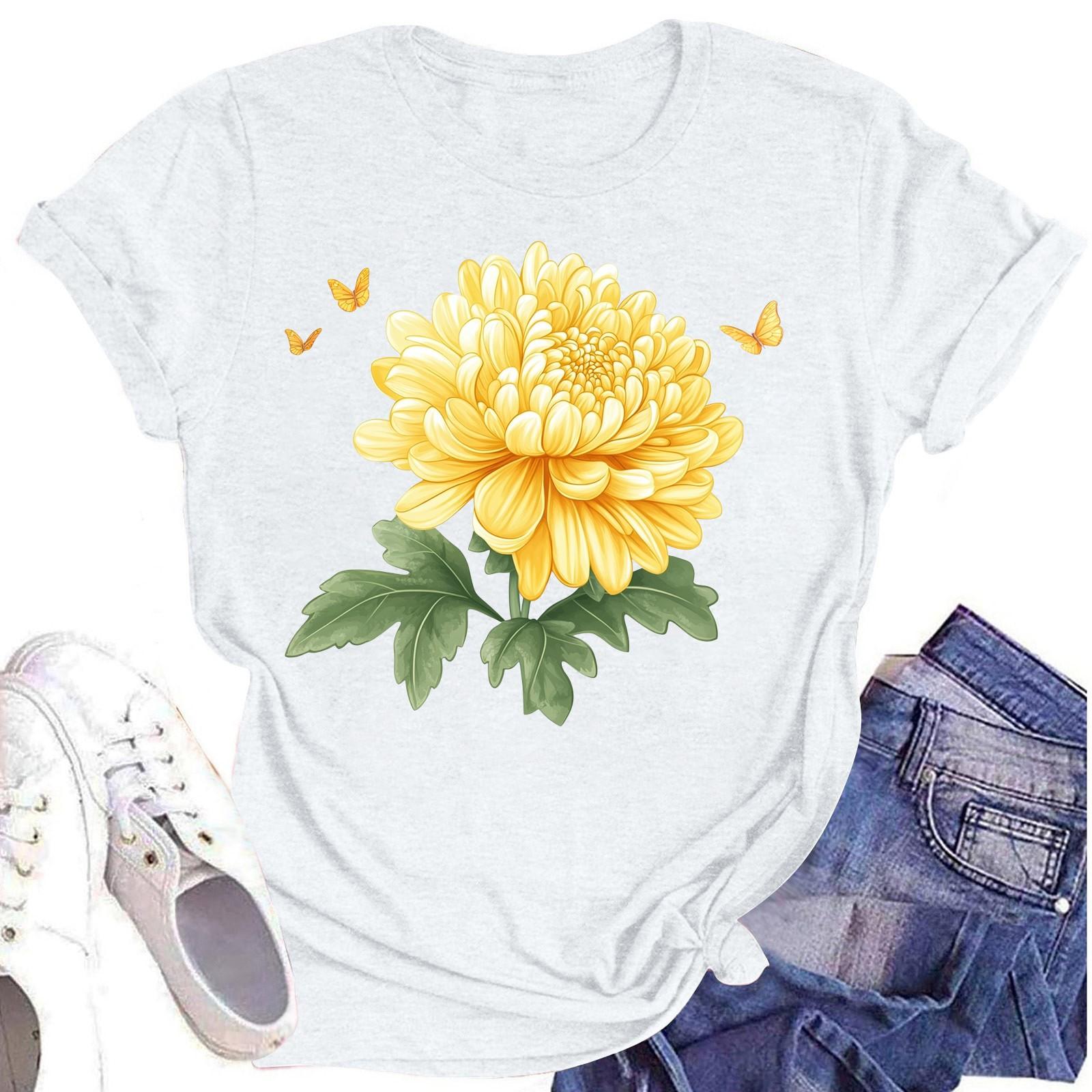 

Женская повседневная футболка с круглым вырезом и цветочным принтом, короткий рукав XL белый