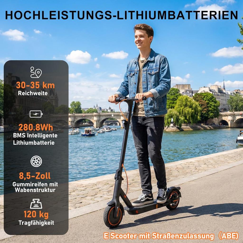 TODIMART T3 E Scooter mit Straßenzulassung, 30 km Reichweite, 350W Motor, 8,5 Zoll Wabenreifen, Duales Bremssystem E Roller für Erwachsene, Smart APP