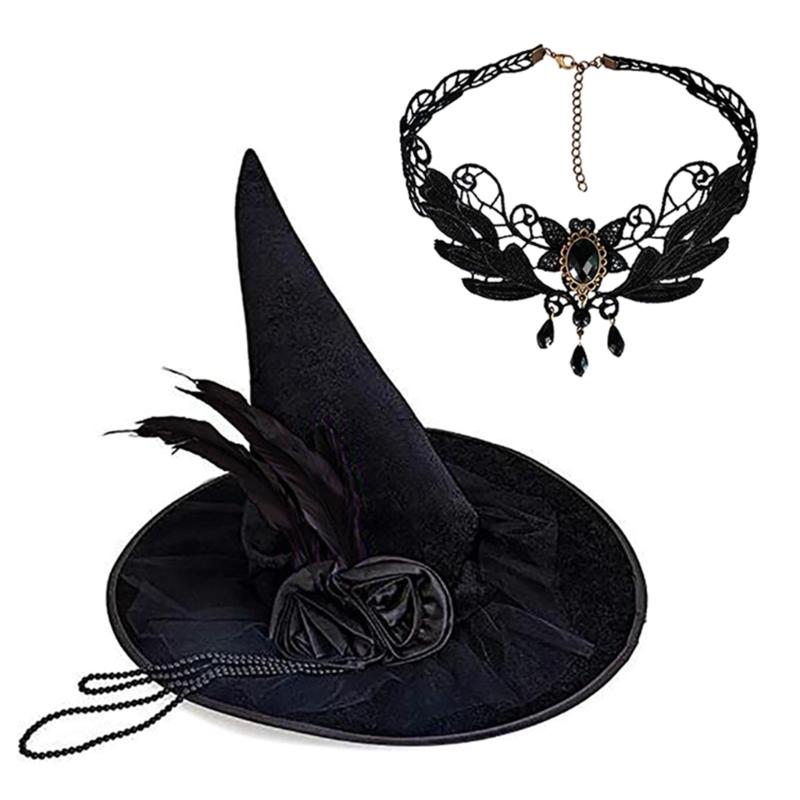 

Регулируемое ожерелье в виде шляпы ведьмы, костюм для карнавалов, фестивальная шляпа ведьмы, жуткая шляпа ведьмы для празднования Хэллоуина чёрный