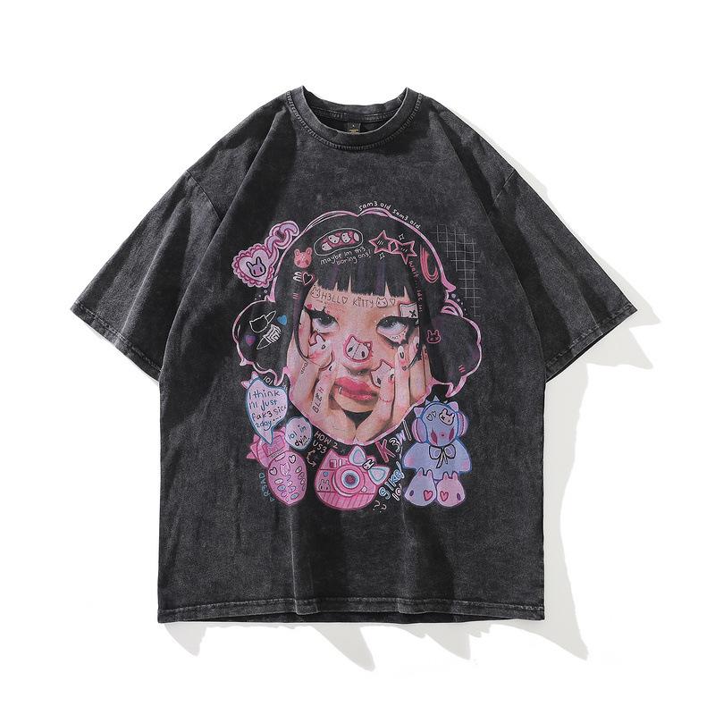 High Street Vintage Old Washed Cartoon Printed Short Sleeve T-Shirt Men'S And Women'S Bf Style Hip Hop Loose Half Sleeve Top