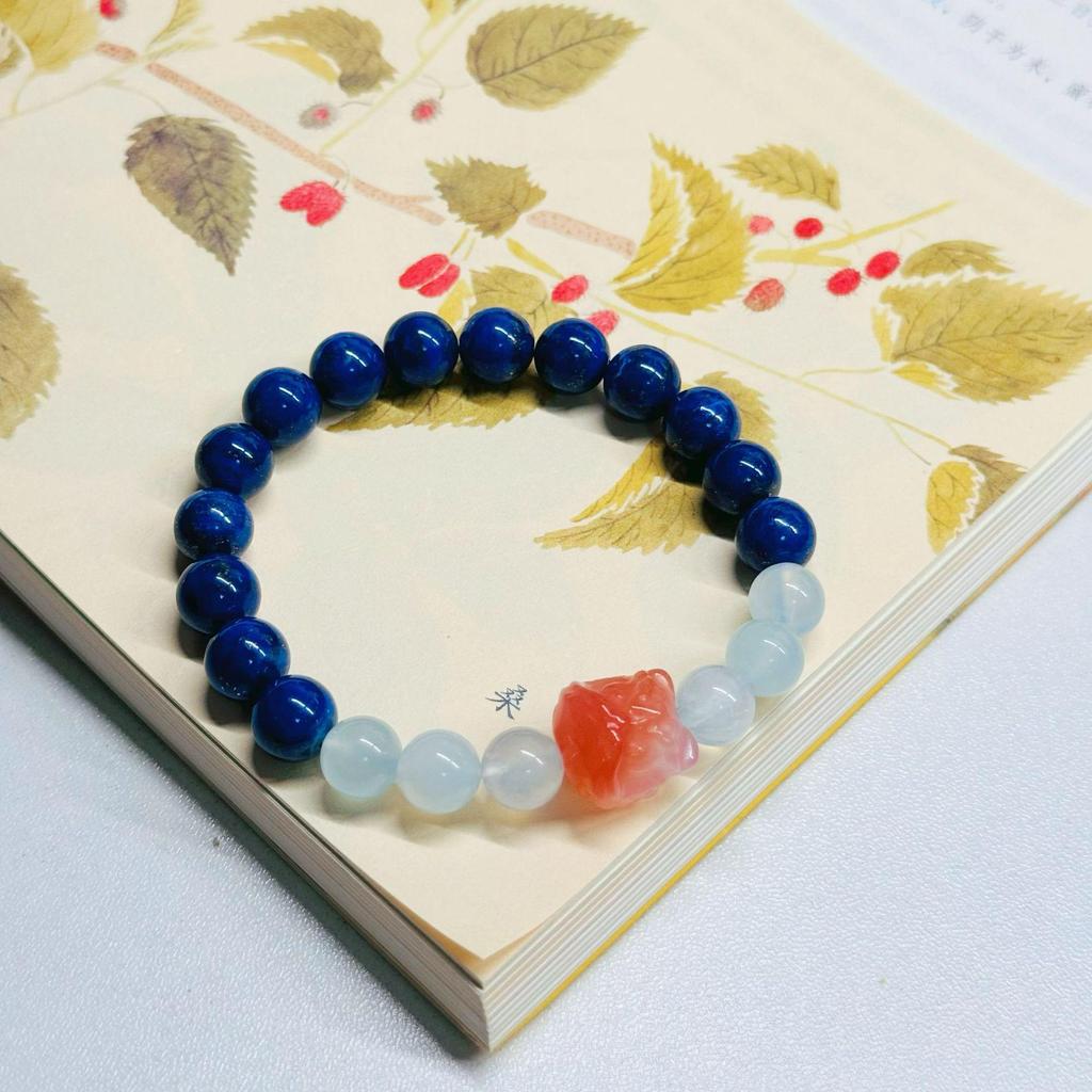 Natural Lapis Lazuli & Nanhong Single-Circle Emperor Sand Bead Bracelet with Aquamarine - Women's High-End Retro Style