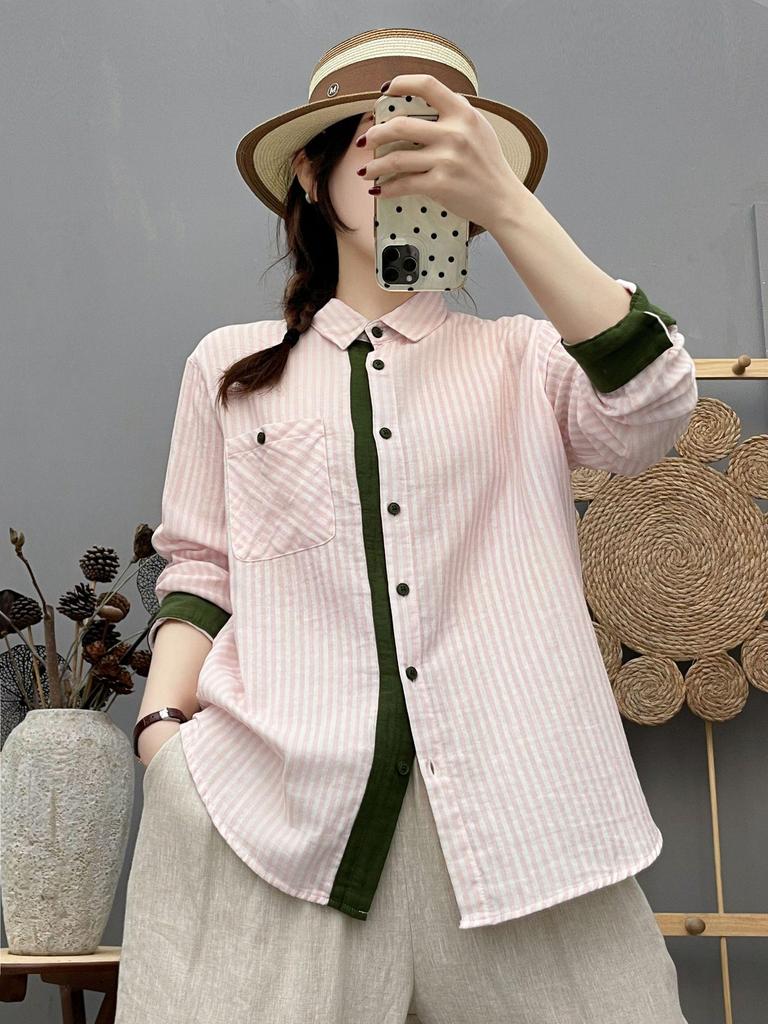 Women's French Retro Vertical Stripe Shirt - Double Layer Cotton Gauze, Long Sleeve, Spring/Autumn 2026
