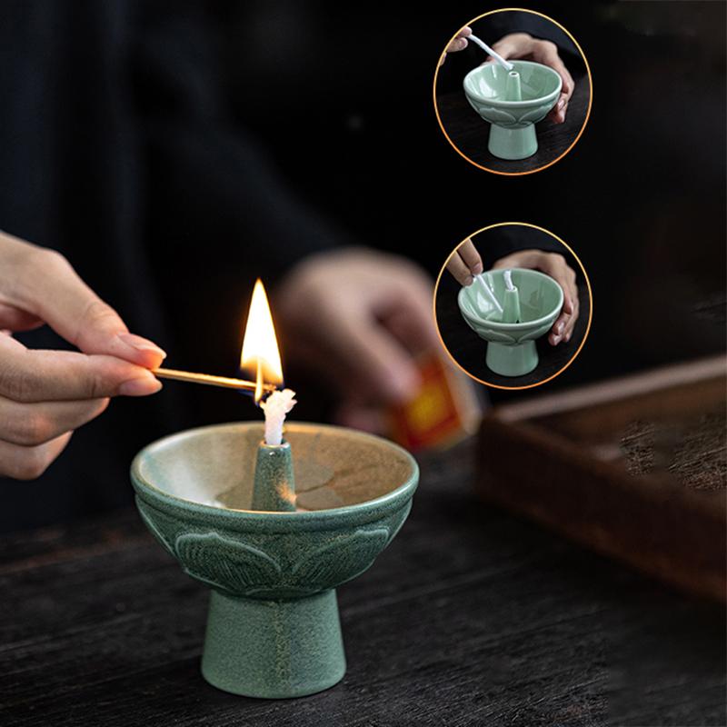 Chinese Ceramic Ornament Retro Celadon Oil Lamp Candlestick Home Offering Buddha Everbright Lamp