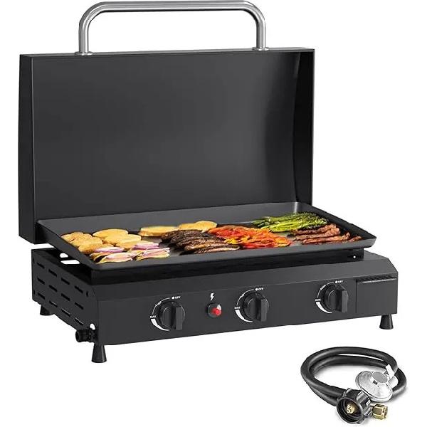 3 Burner Gas Griddle with Hood- 23.3 Inch Outdoor Propane Griddle-45000 BTU Propane Fuelled, Portable Flat Top Gas Grill Black Tabletop