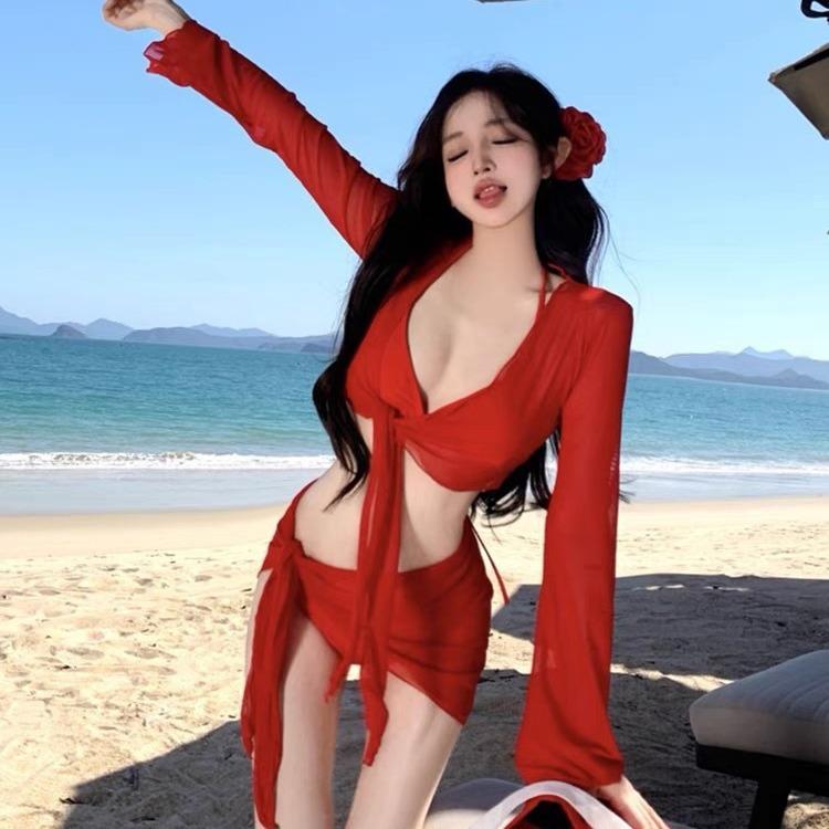 New Seaside Vacation Pure Desire Sexy Split Skirt Three-piece Swimsuit Small Chest Long Sleeve Internet Celebrity Bikini