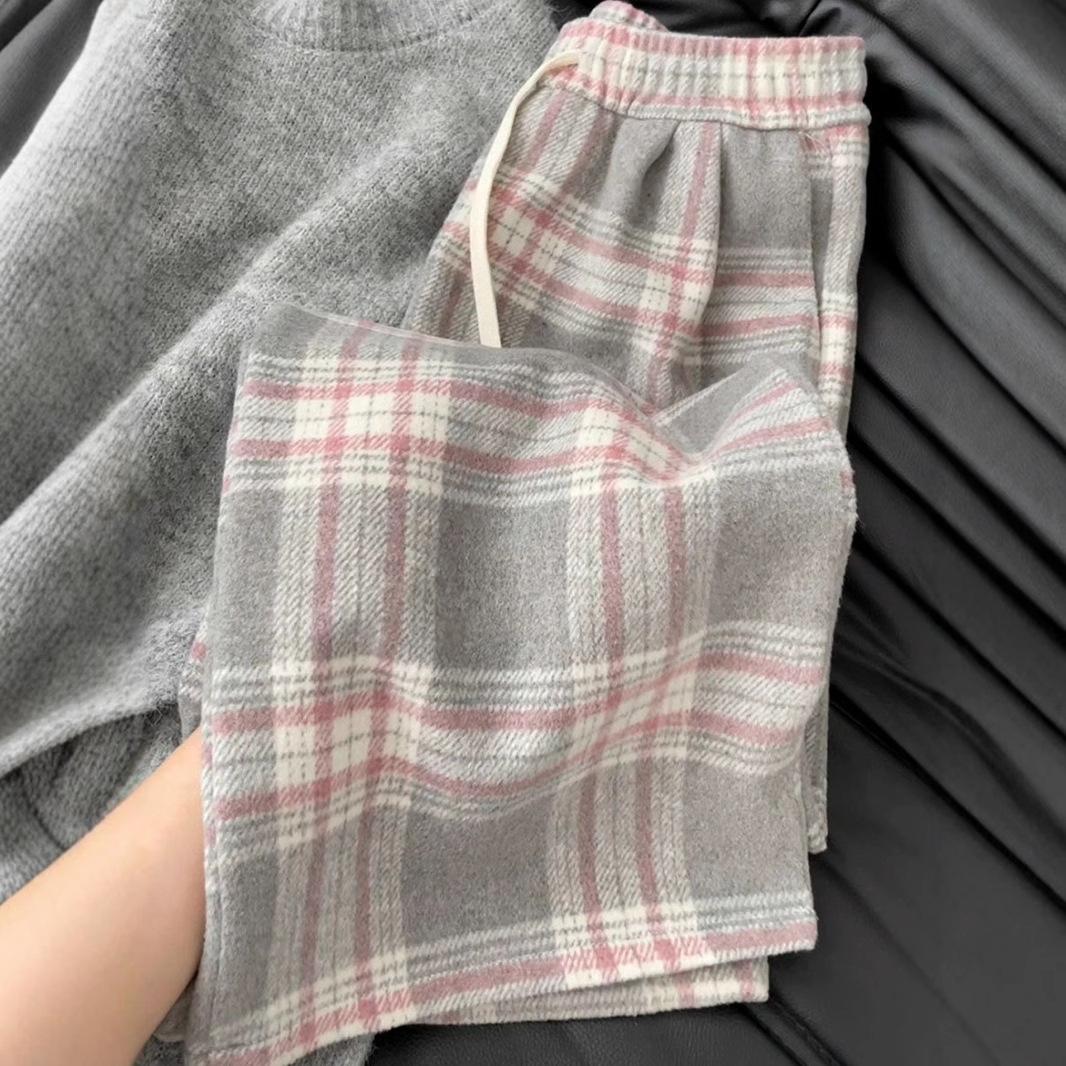 

Мягкие шерстяные клетчатые брюки для женщин на осень и зиму. Свободные, закрывающие тело, чтобы они выглядели стройными и свободными. Ленивые прямые широкие повседневные брюки. XL