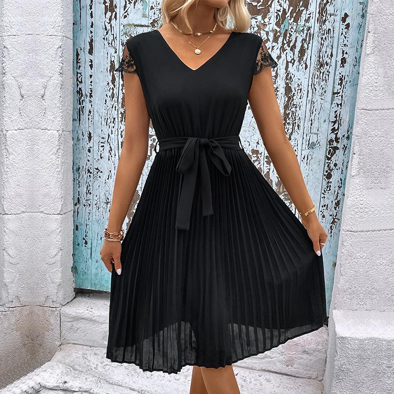Amazon cross-border foreign trade summer new European and American cross-border women s clothing lace splicing solid color pleated dress S чёрный