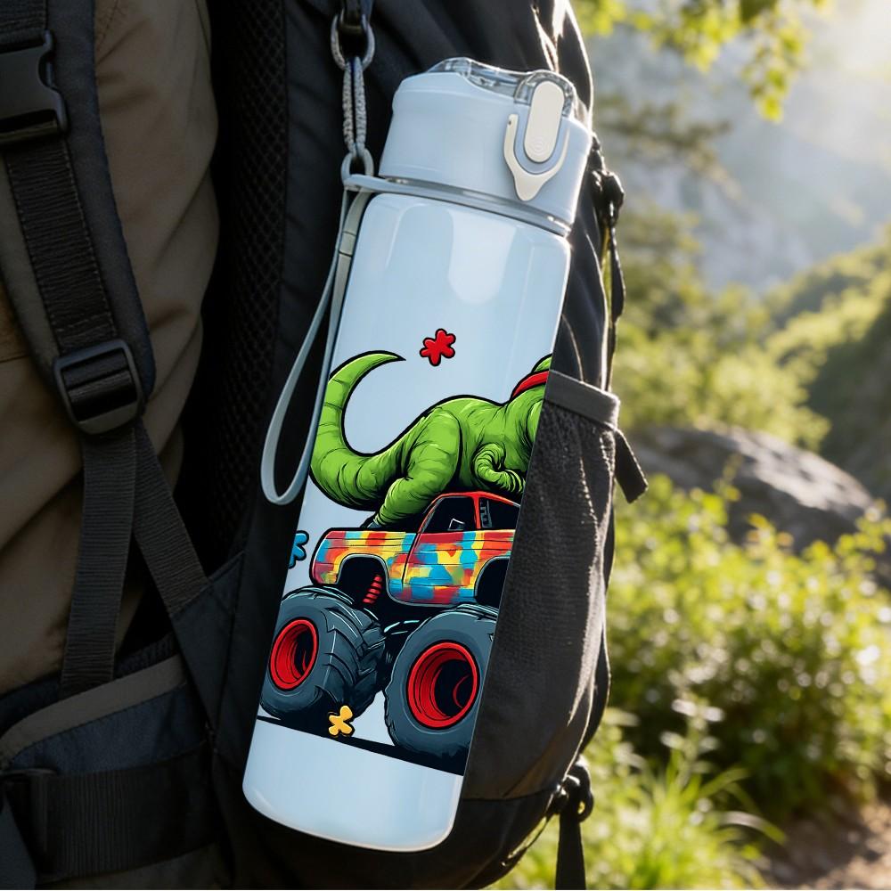 1PC Dinosaur Monster Truck Cartoon 750ml Color Plastic Sports Water Bottle Leakproof Flip Straw Lid Suitable for Sports Office Home Use