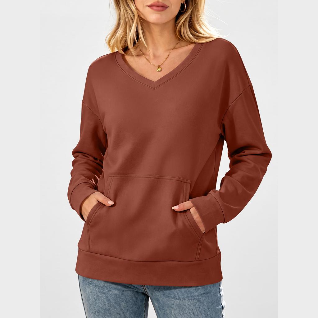 Women's Casual V-Neck Long Sleeve Pullover Sweatshirt with Pockets
