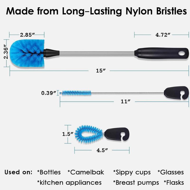 3-In-1 Stainless Steel Water Bottle Brush Set Cleaning Brush Long Handle Water Bottles Cleaner Washing Kitchen Scrubbing Tools