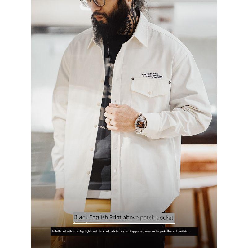 Madden Parka American Casual Herringbone Profile Long Sleeves Shirt Print Bandage Dress White with Lapel Shirt Men's Autumn