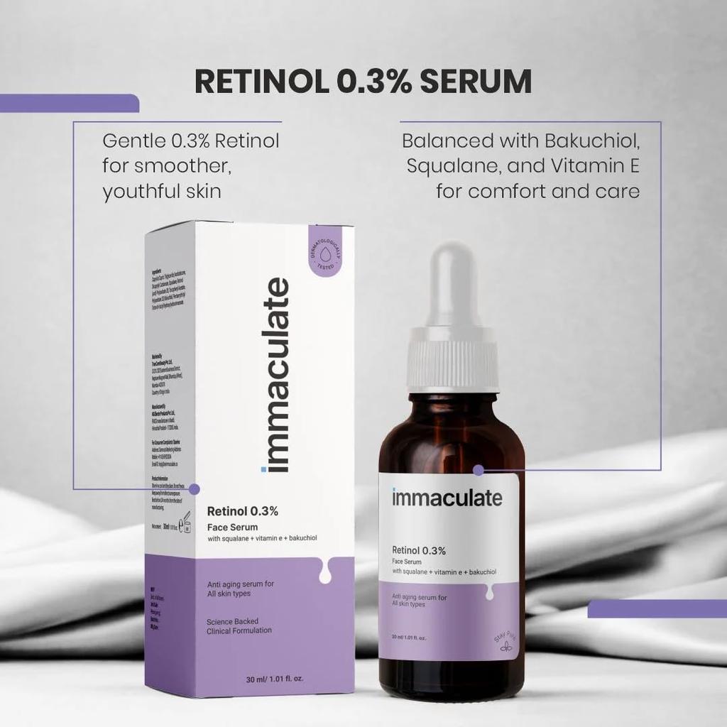 Immaculate Retinol 0.3% Face Serum | 30ml | Night Serum for Fine Lines, Uneven Texture & Dull Skin | With Bakuchiol, Squalane & Vitamin E