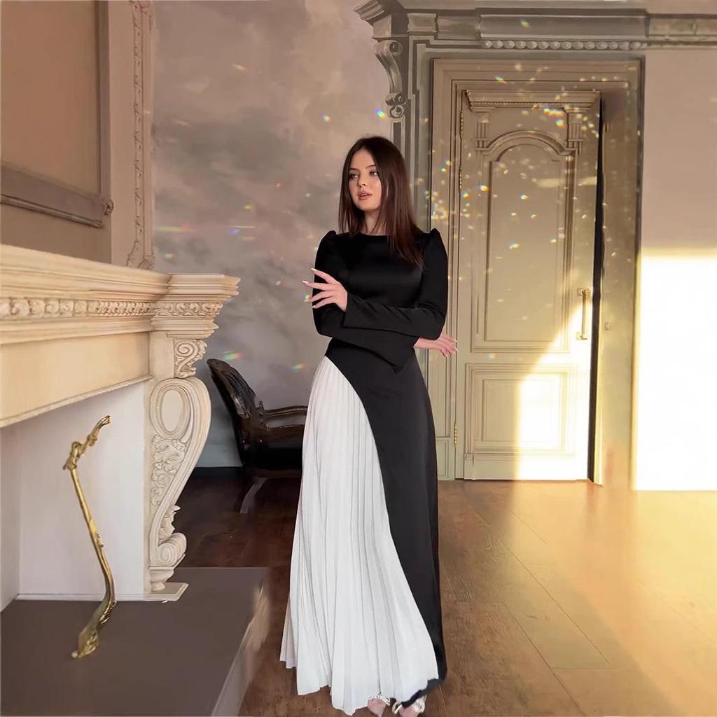 2025 Herbst/Winter Europäisch & Amerikanisch Colorblock Langarm Plissiertes Slim-Taille Bindekleid