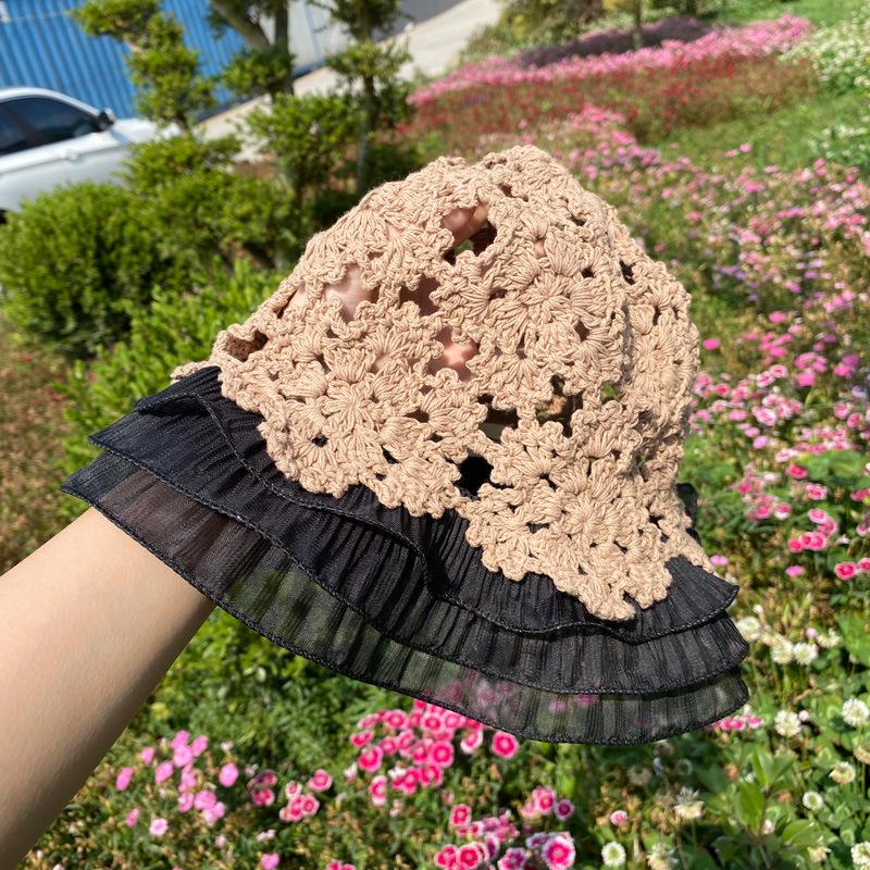 Fashion Woman Lace Knit Hollow Bucket Hats Crochet Thread   Flower Cute Girls' Sweet Romance Sunshade Knitted Breathable Hats