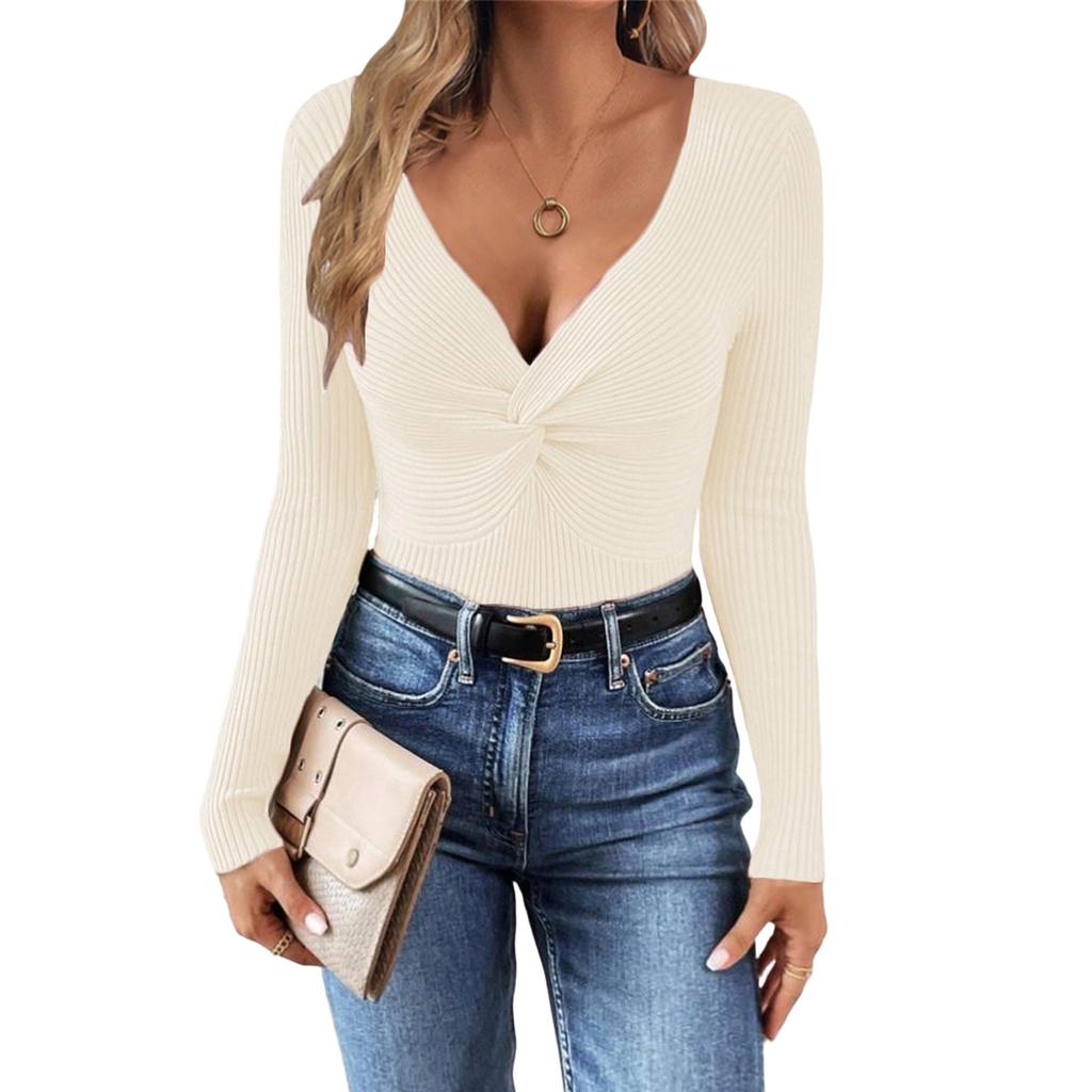 Maglione da Donna con Scollo a V Nodo Intrecciato a Maglia Manica Lunga Vestibilità Aderente Top Pullover Casual Tessuto Morbido Elastico