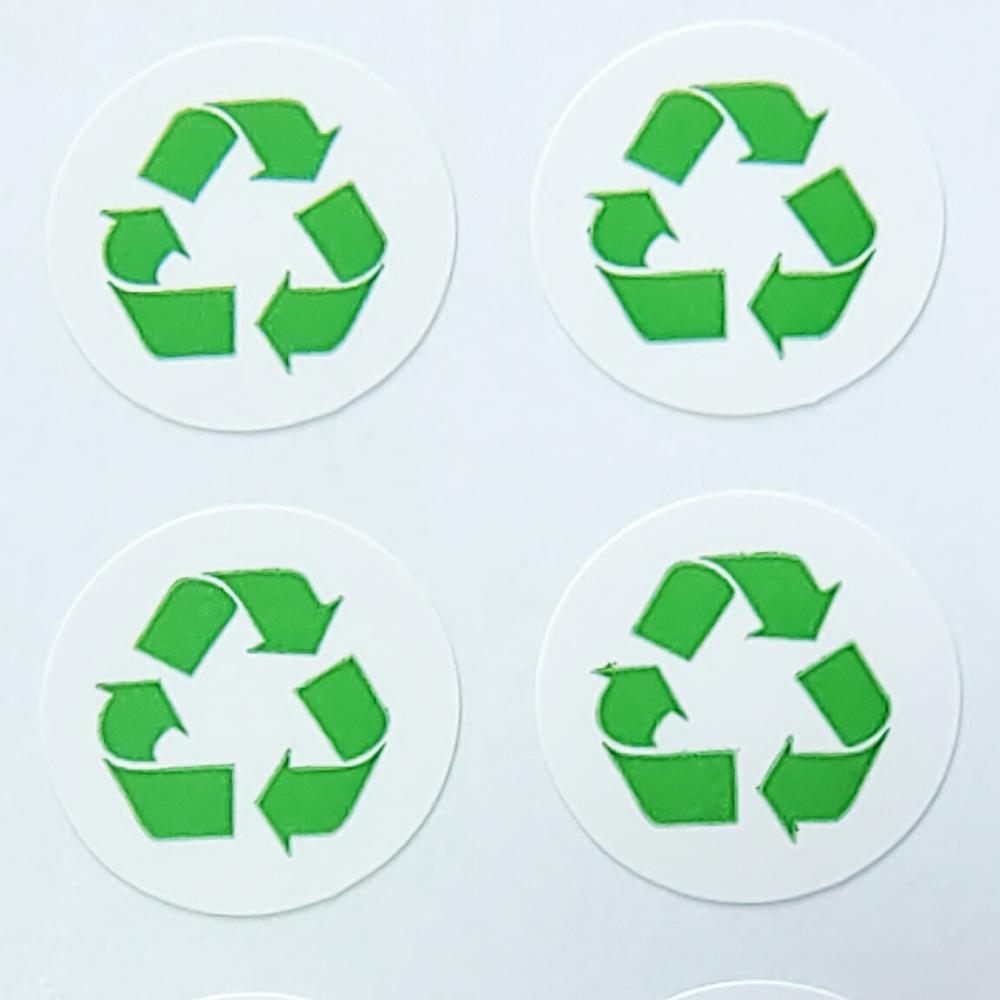 1000 Stück Recycling-Logo-Etikett Kunstpapier-Aufkleber für recycelbare umweltfreundliche Produkte Grüne Farbe Runde Fabrik-Etiketten