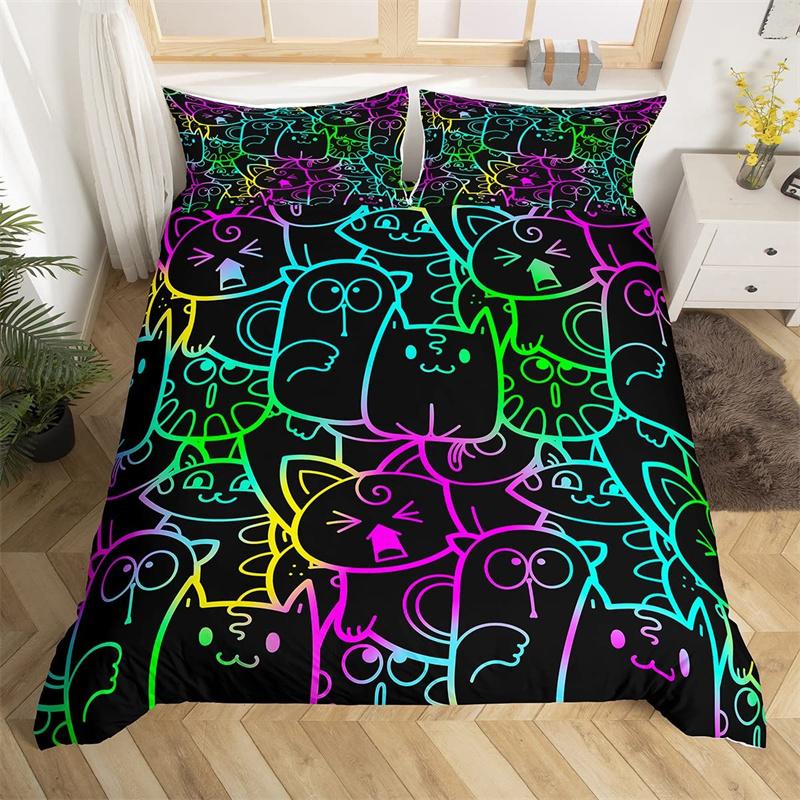 Boho Colorful Cat Duvet Cover Set Cats Star Mushroom Bedding Set Microfiber 3D Kawaii Animals Comforter Cover Twin For Kids Boys
