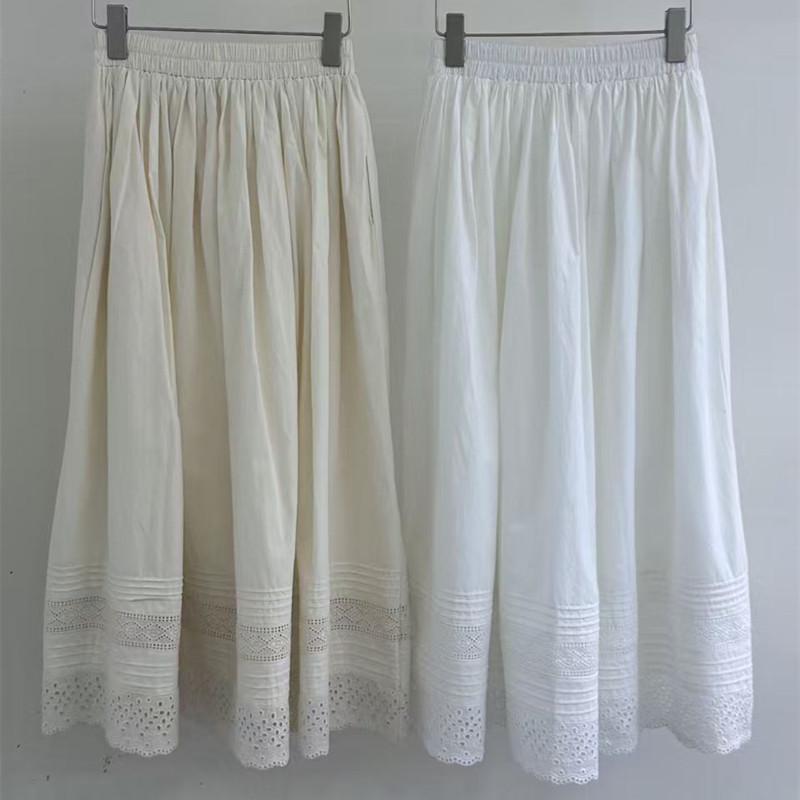 Spring 2026 Korean Slimming Lace-Trim White Midi Skirt