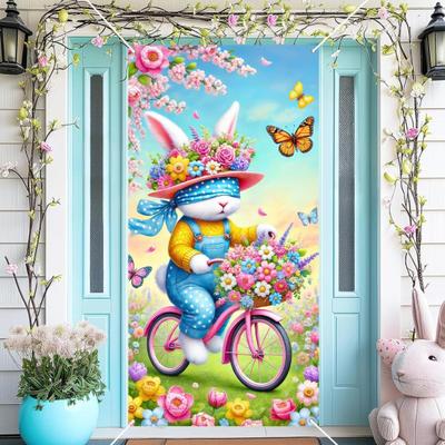 Easter Door Banner Spring Bunny Carrot Eggs Porch Sign Large Front Door Wall Backdrop for Indoor Outdoor Spring Party Decoration Photo Booth Props