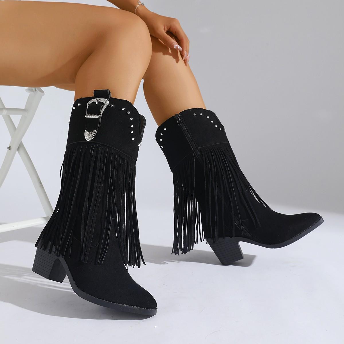 

Pointed Toe Thick Heel Western Fringed Riding Boots Autumn Winter Women s Suede Tassel Ankle Boots Retro Knee High Booties 43 43 чёрный