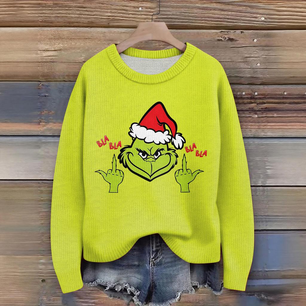 Women's Christmas Print Cardigan Long Sleeve Round Neck Knit Top