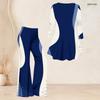 Women Plus Size V Neck Long Sleeve Navy Blue White Printed Top And Flared Pants Two Piece Set