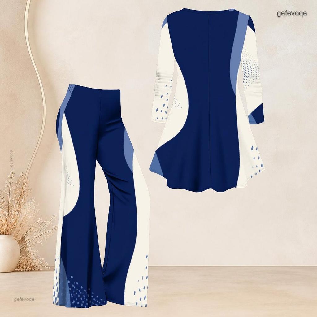 Women Plus Size V Neck Long Sleeve Navy Blue White Printed Top And Flared Pants Two Piece Set
