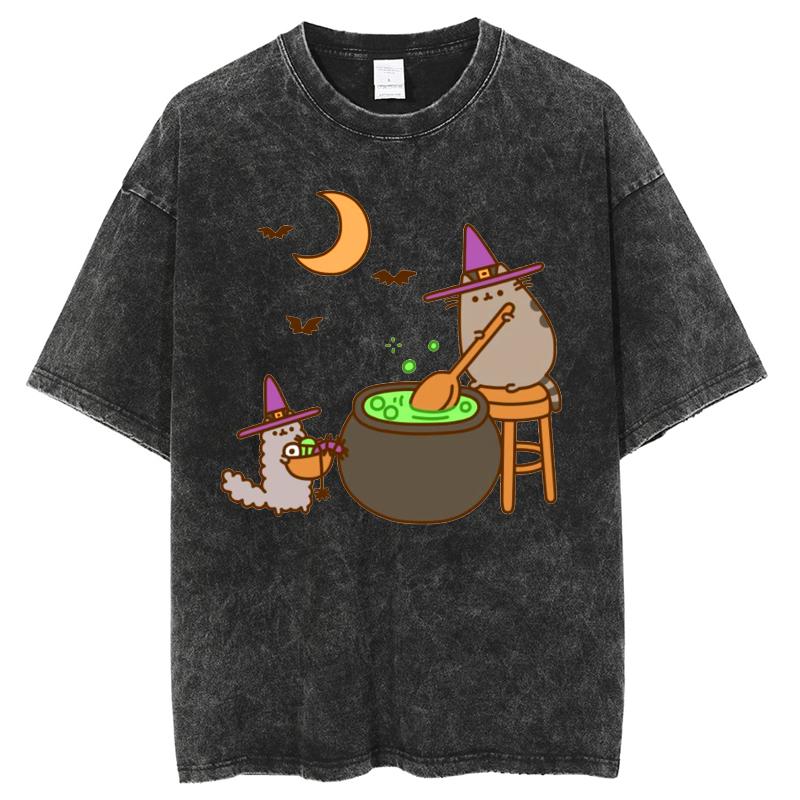 Cartoon Animal Print Women Washed Black T-Shirt Loose Crew Neck Short Sleeves Unisex Casual Cute Style Top Y2k Sweetheart