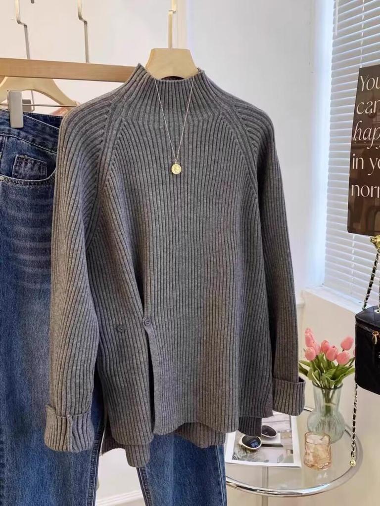 Women's Purple Ribbed Knit Semi-High Neck Sweater with Hem Side Slit - Slimming Spring/Summer Fashion Top