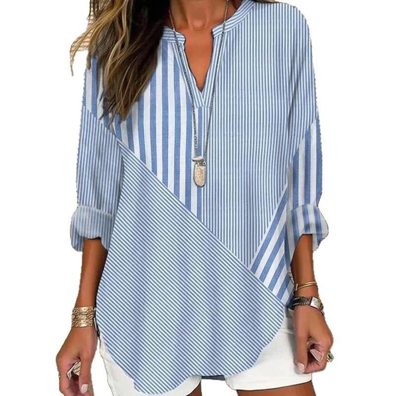 Women's Summer Striped V-Neck Long Sleeve Casual Loose Pullover Shirt
